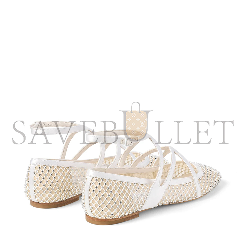 JIMMY CHOO ASTORIA FLAT WHITE CRYSTAL MESH SATIN FLATS ASTORIAFLATQHS
